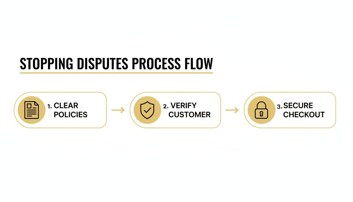 A three-step process flow illustrating how to stop disputes: clear policies, verify customer, and secure checkout.