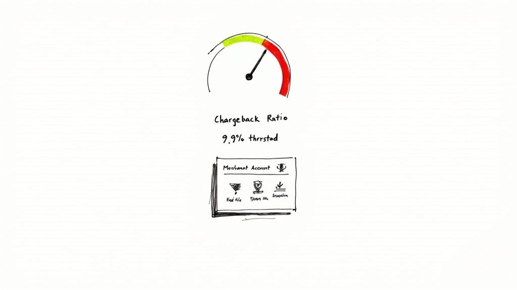 Hand-drawn chargeback ratio meter showing 9.9% risk, with a merchant account interface below.