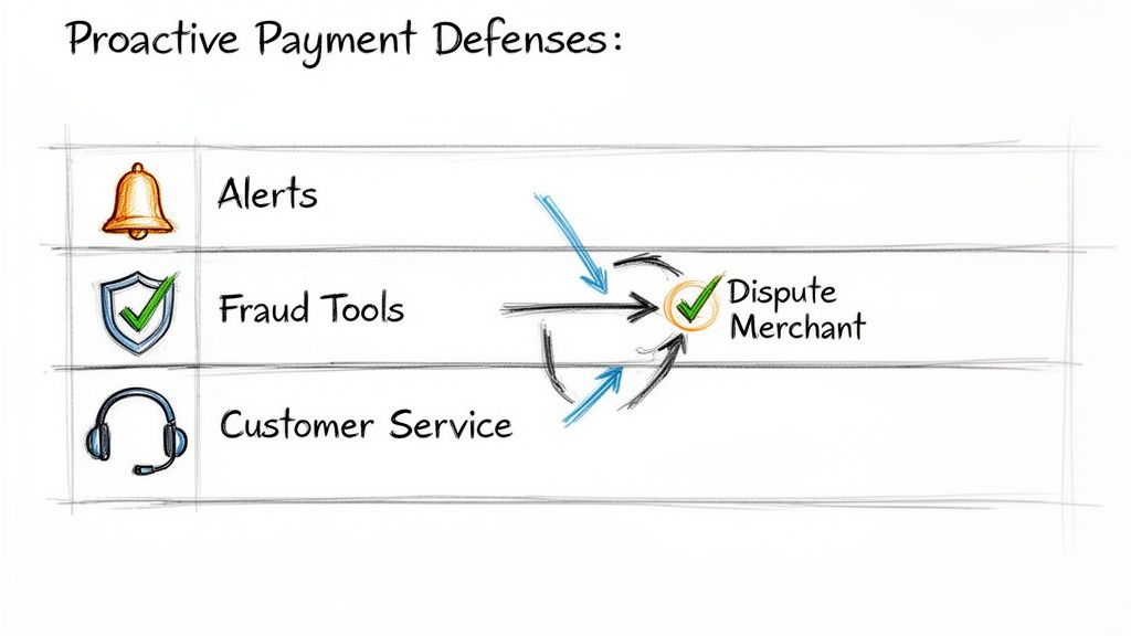 A diagram illustrating proactive payment defenses: Alerts, Fraud Tools, and Customer Service, all linked to Dispute Merchant.