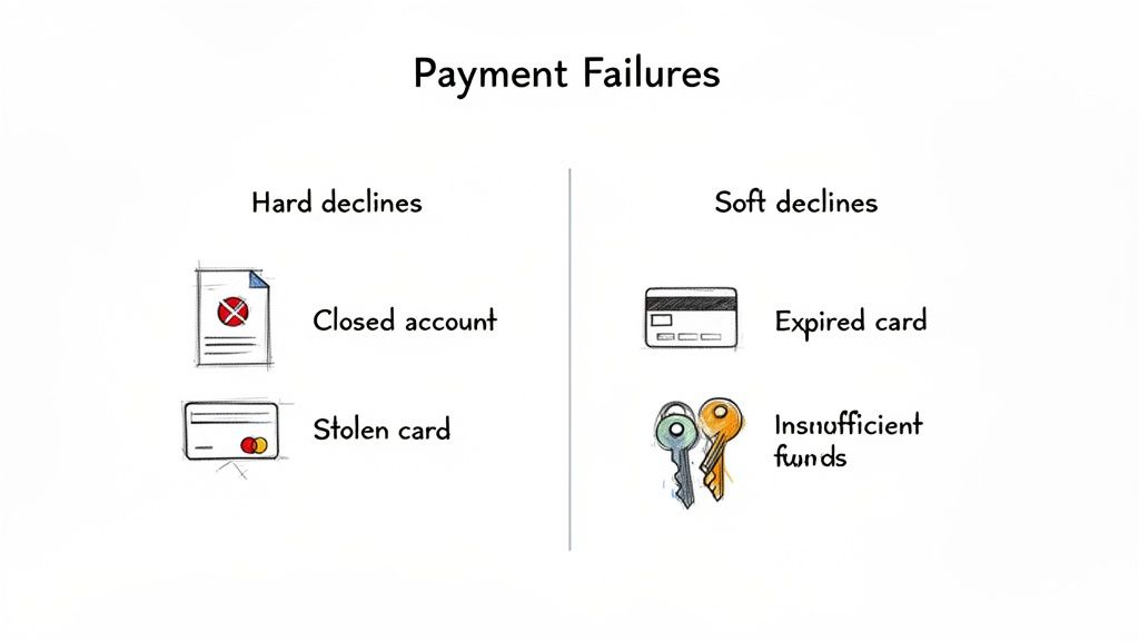 A diagram illustrating payment failures, categorized into hard declines (closed account, stolen card) and soft declines (expired card, insufficient funds).