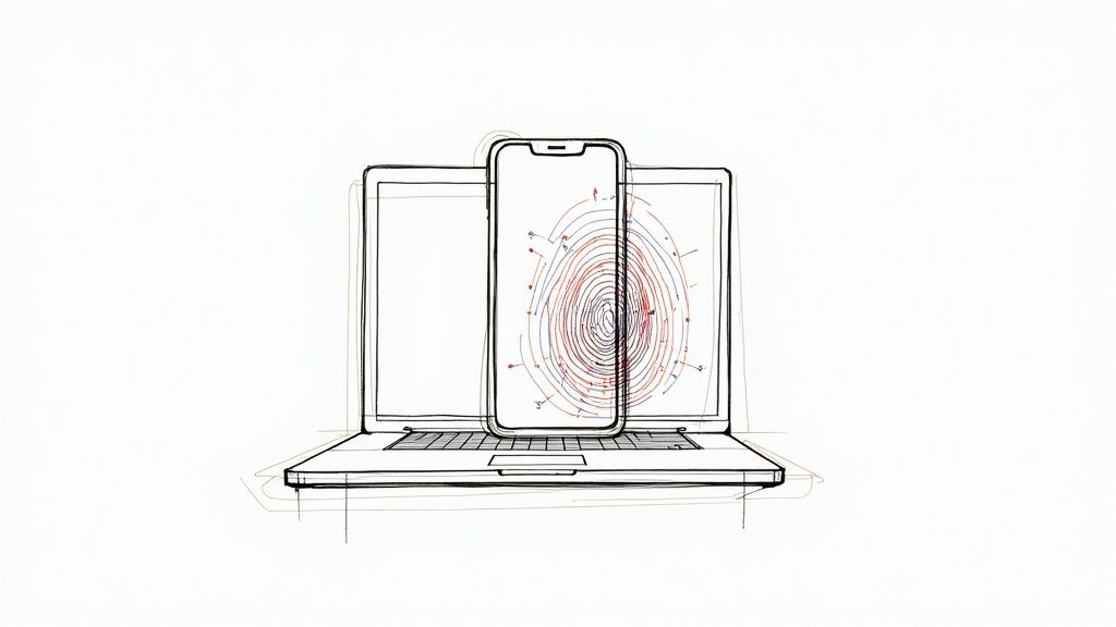 Sketch of a smartphone overlapping a laptop, both screens displaying a complex swirling data pattern.