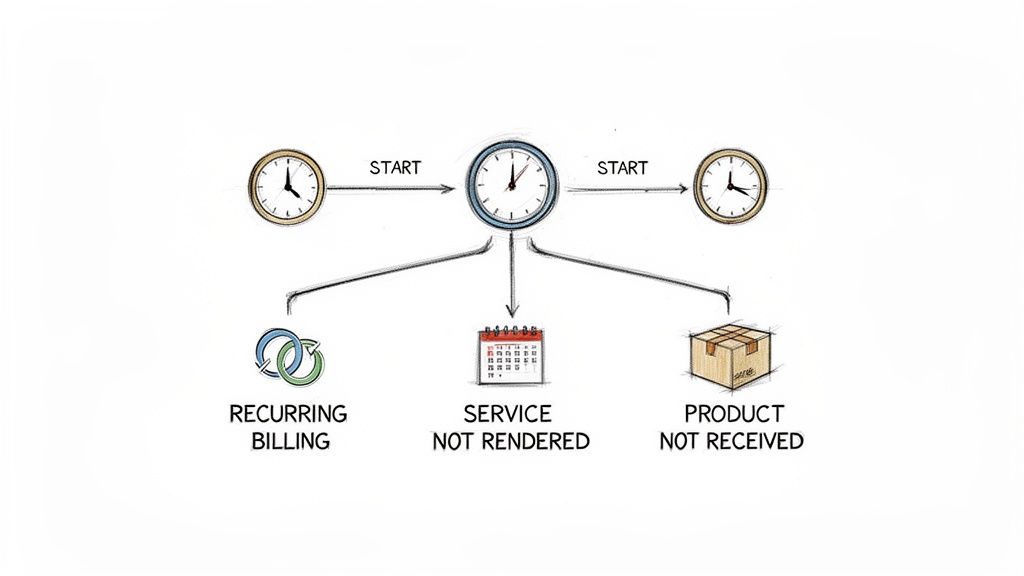 Diagram illustrating time limits for credit card chargebacks related to recurring billing, unrendered services, and undelivered products.