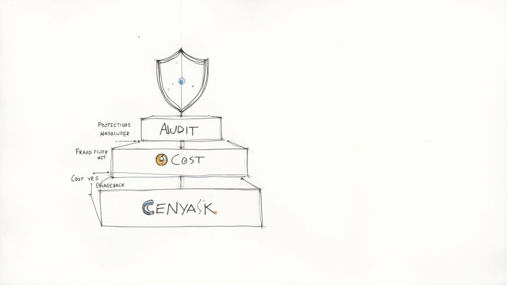 A hand-drawn diagram illustrates a layered system with a shield for protection, followed by audit, cost, and CENYASK levels.