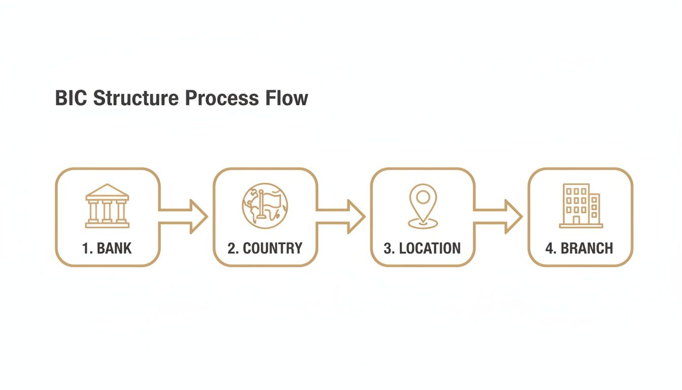 A process flow diagram illustrating the BIC (Bank Identification Code) structure, from bank to branch.