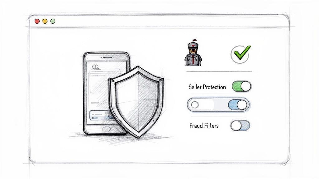 Sketch of an online platform showing a phone, shield, and security settings with active seller protection.