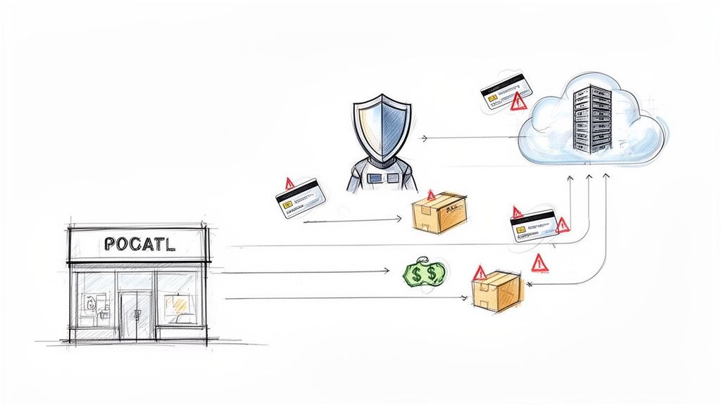 Conceptual diagram illustrating transaction monitoring with a store, credit cards, packages, security shield, and cloud server.