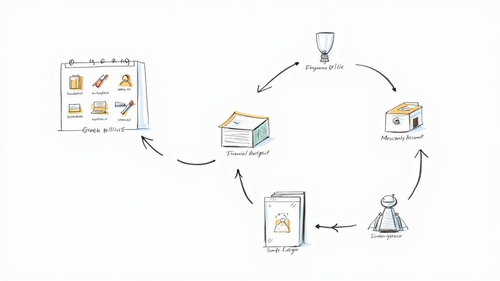 A hand-drawn diagram showing a circular financial management and payment processing workflow.