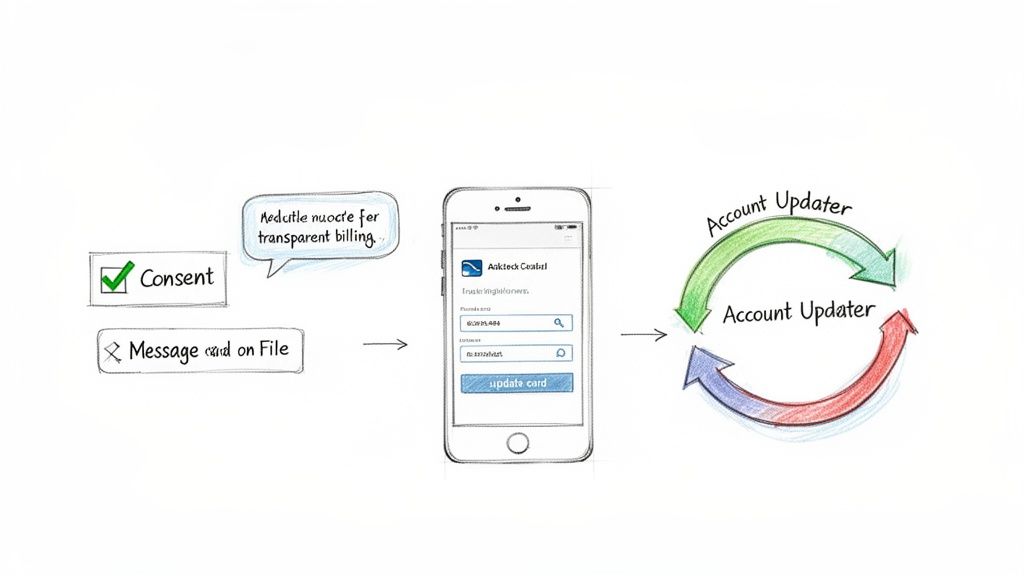 Conceptual diagram illustrating mobile app card updates and continuous account updater integration for transparent billing.