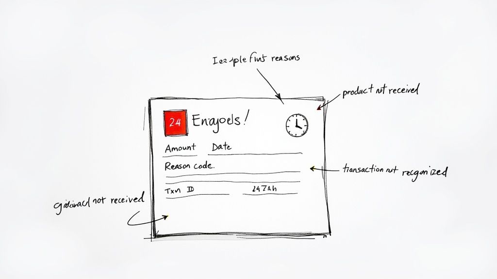 Hand-drawn illustration of a chargeback alert form showing common dispute reasons like 'product not received'.