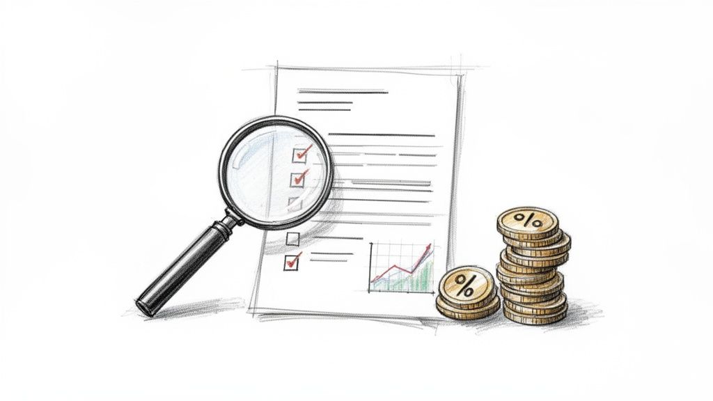 A magnifying glass examines a document with checked items and a growth graph, next to stacked coins with percentage symbols.
