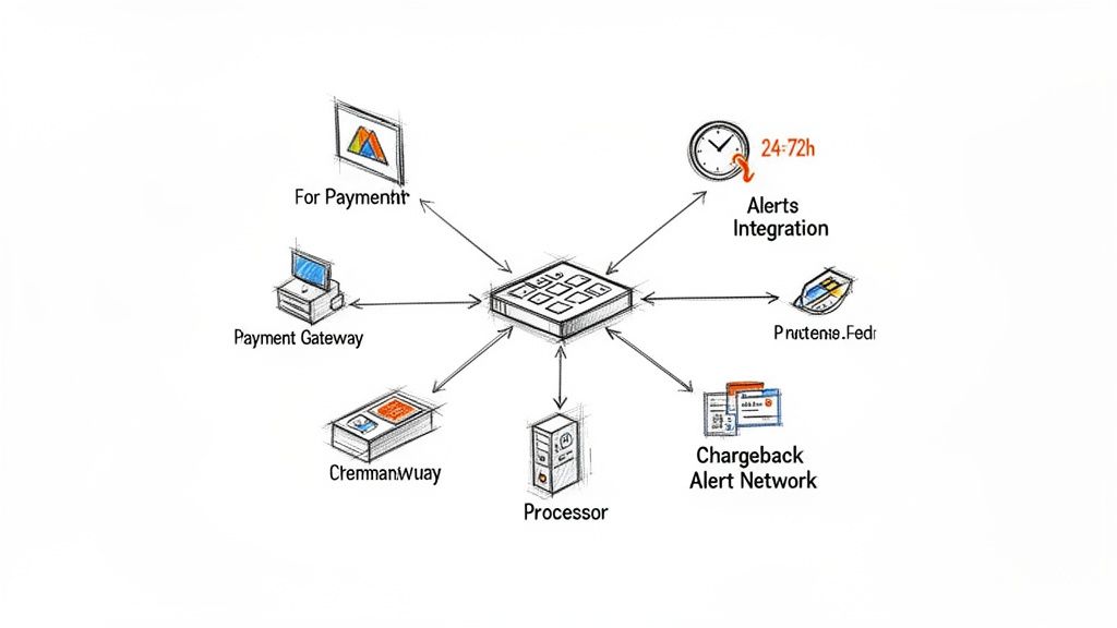 A diagram shows a central payment platform connecting to gateways, processors, and various fraud alert and financial networks.