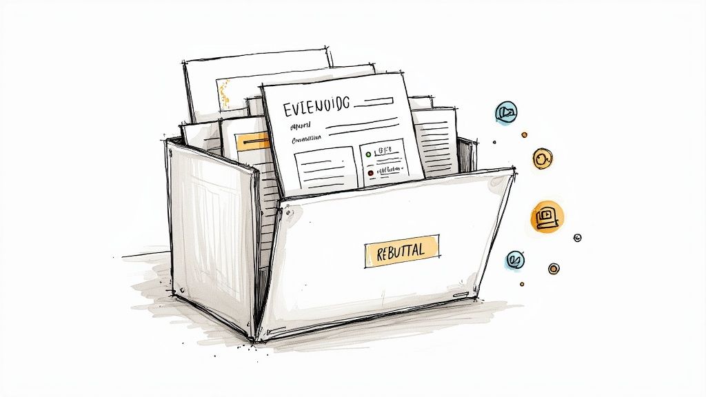 An illustration of a file box holding documents, with "REBUTTAL" visible on the front and abstract icons.