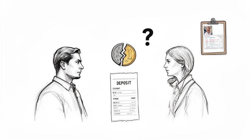 Two people facing a broken coin, deposit receipt, and question mark, symbolizing financial dispute.