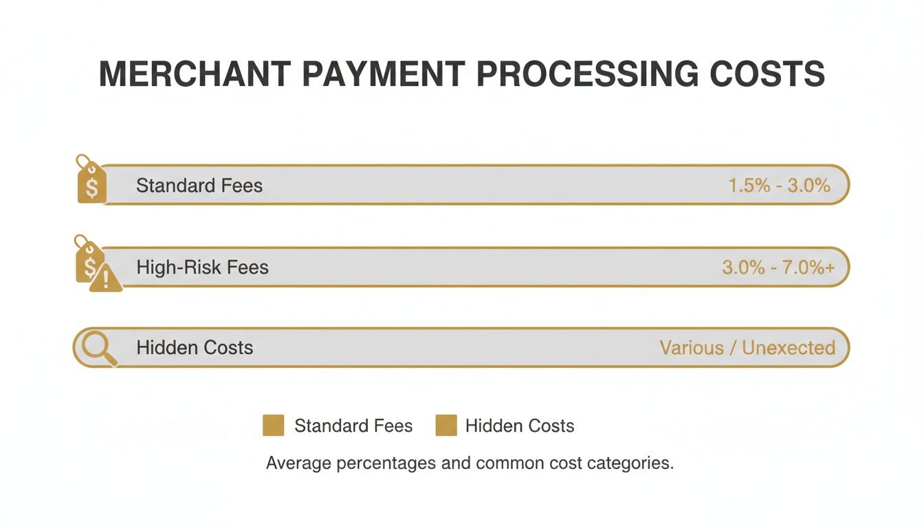 An infographic detailing merchant payment processing costs, categorizing them into standard, high-risk, and hidden fees.