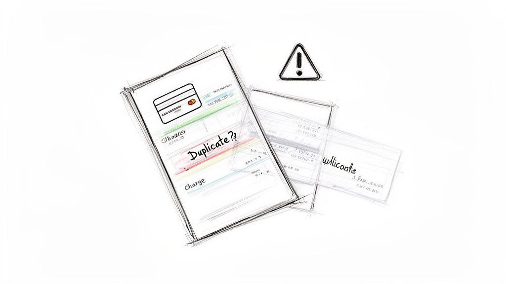Sketch of a receipt with a credit card, highlighting 'Duplicate??' and a warning sign.