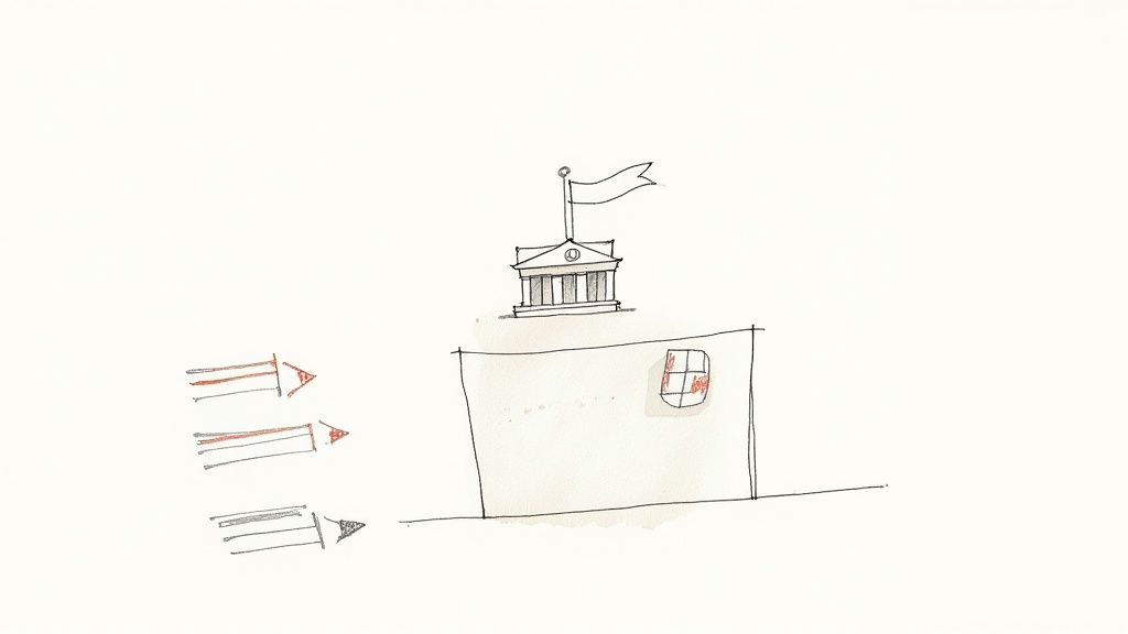 Hand-drawn illustration of a building with a flag on top and three colored arrows approaching it.