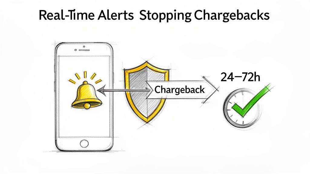 A smartphone with a ringing bell alert, a shield, and an arrow preventing chargebacks within 24-72 hours.