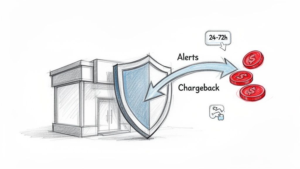 Illustration of a business protected by a shield, showing alerts preventing chargebacks and financial loss.