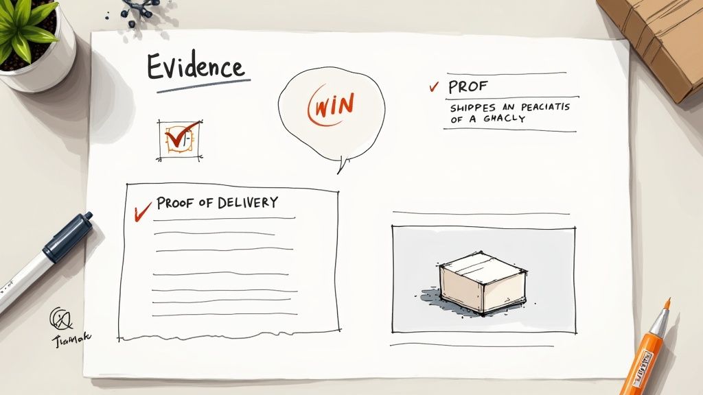 Overhead shot of a document titled 'Evidence' with 'Proof of Delivery' and a package illustration, signifying a successful case.