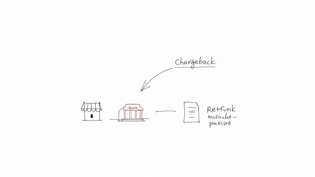 A diagram illustrating the chargeback process involving a store, a bank, and an un-processed return.