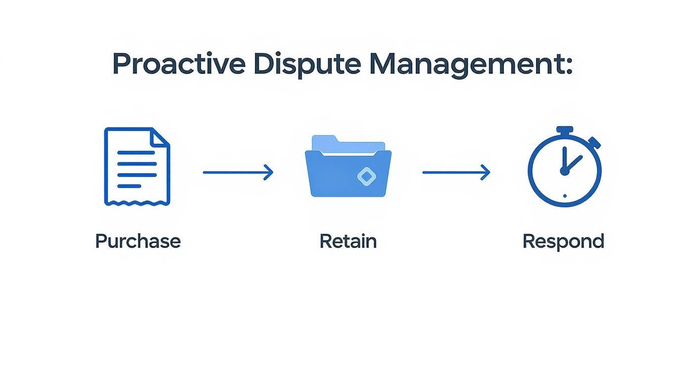 A flowchart titled 'Proactive Dispute Management' showing steps: Purchase (document), Retain (folder), Respond (stopwatch).