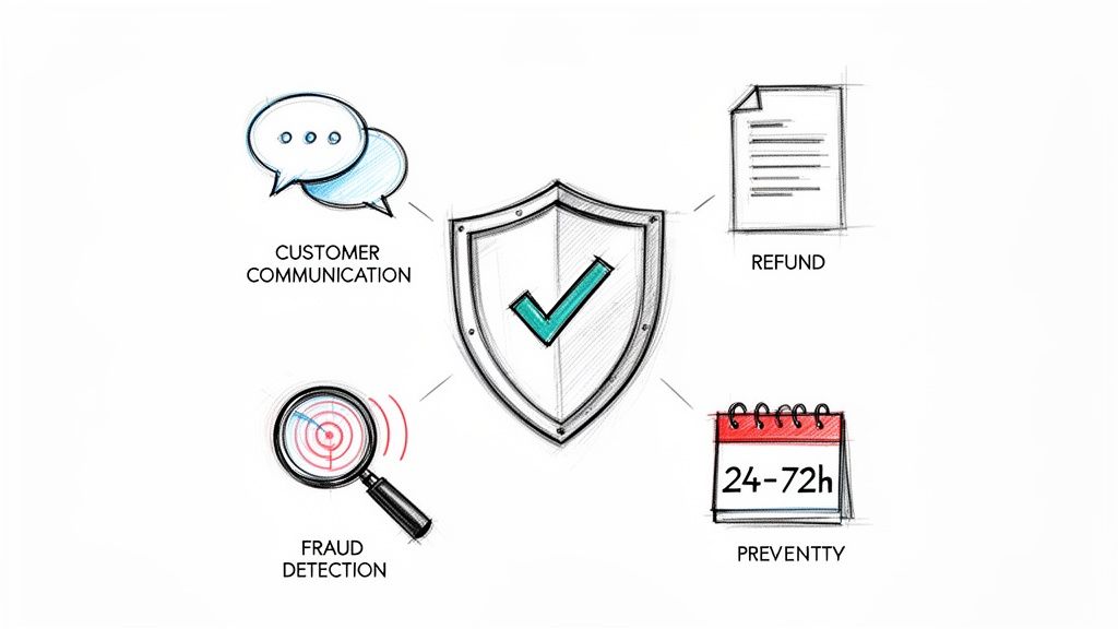 A sketch diagram showing a central shield with a checkmark, surrounded by icons for customer communication, refund, fraud detection, and a 24-72h calendar, illustrating security services.