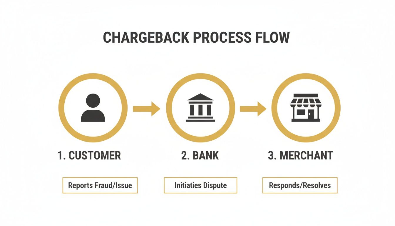 A chargeback process flow diagram illustrating the steps from customer reporting fraud to merchant resolving the issue.