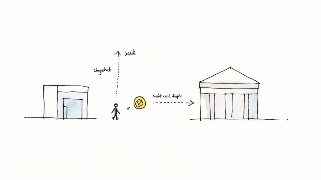 Hand-drawn diagram illustrates a person initiating a credit card dispute or bank chargeback.