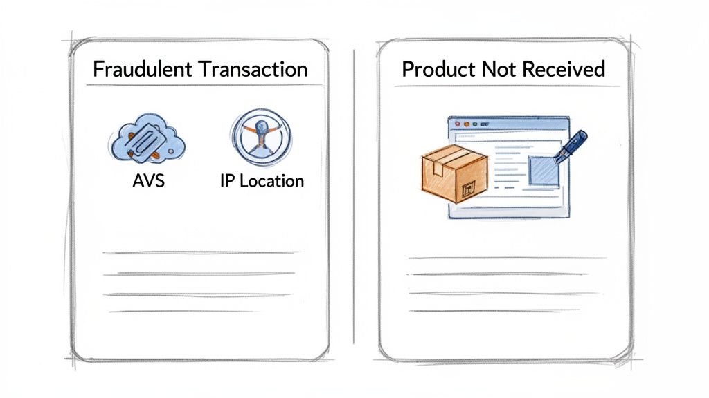 Two cards illustrate transaction issues: fraudulent transactions with AVS and IP location, and product not received.