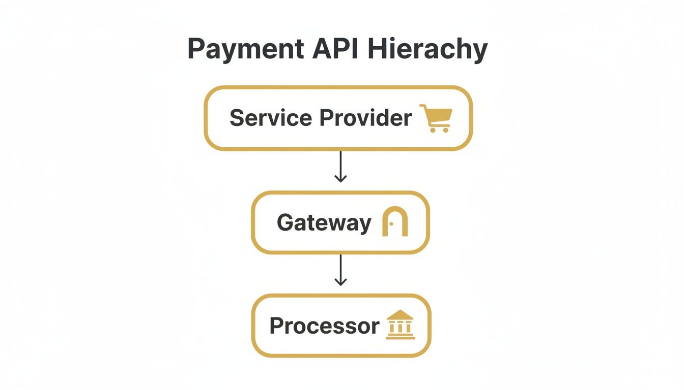 A hierarchy diagram illustrating the Payment API structure from Service Provider to Gateway to Processor.