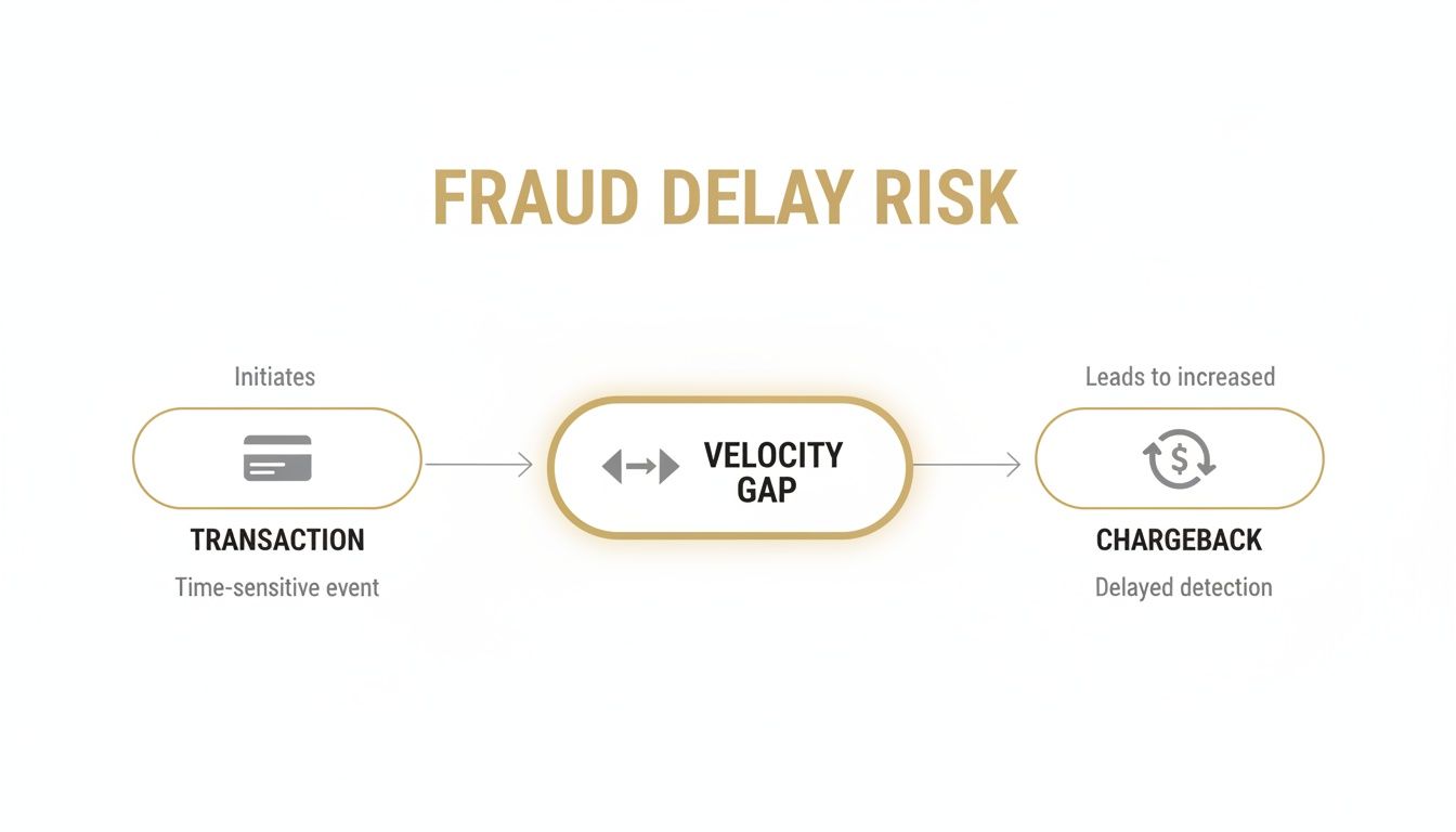 Diagram illustrating fraud delay risk: transaction initiates a velocity gap leading to increased chargeback.
