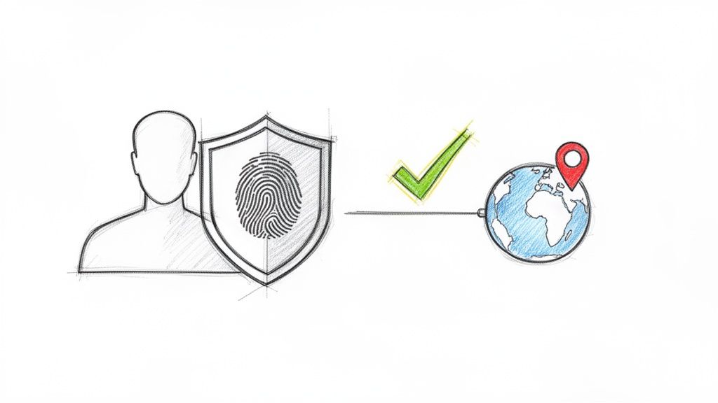 Sketch of a person's identity and a fingerprint shield leading to a verified global location.