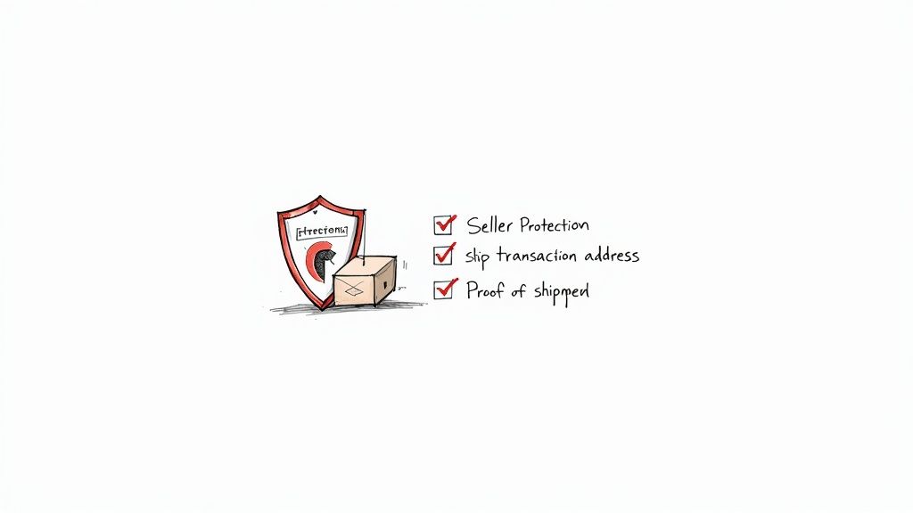 Illustration of a shield protecting a package, with a checklist for seller protection and proof of shipment.