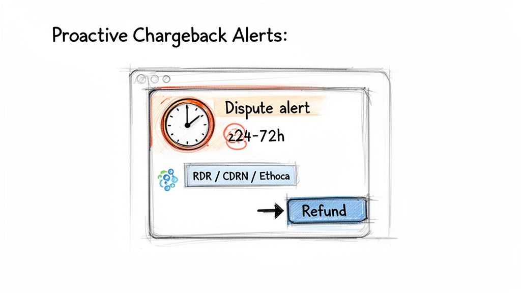 A sketch of a dispute alert window showing proactive chargeback resolution options like RDR/CDRN/Ethoca leading to a refund.