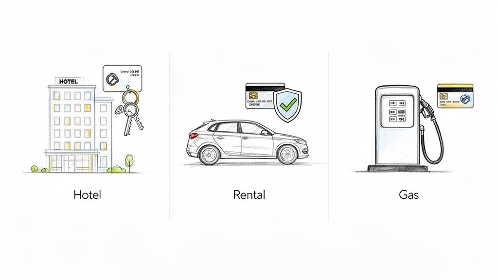 Illustrations of hotel, car rental, and gas station transactions with a credit card.