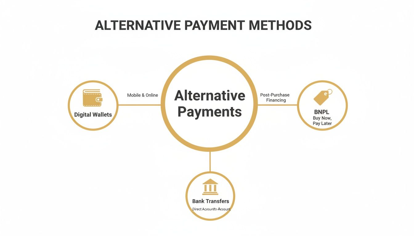 A diagram outlining modern alternative payment methods such as digital wallets, BNPL, and bank transfers.