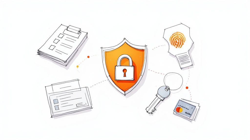 A hand-drawn illustration featuring a shield with a padlock surrounded by security elements like documents, biometrics, keys, and credit cards.