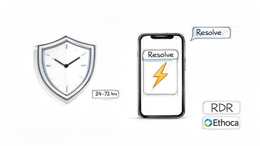 Illustration showing a shield clock with '24-72 hrs', a smartphone app 'Resolve' with a lightning bolt, and 'RDR', 'Ethoca'.