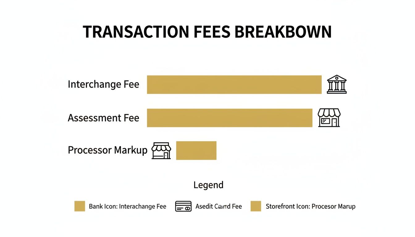 Horizontal bar chart titled 'Transaction Fees Breakdown' illustrating Interchange, Assessment, and Processor Markup fees.