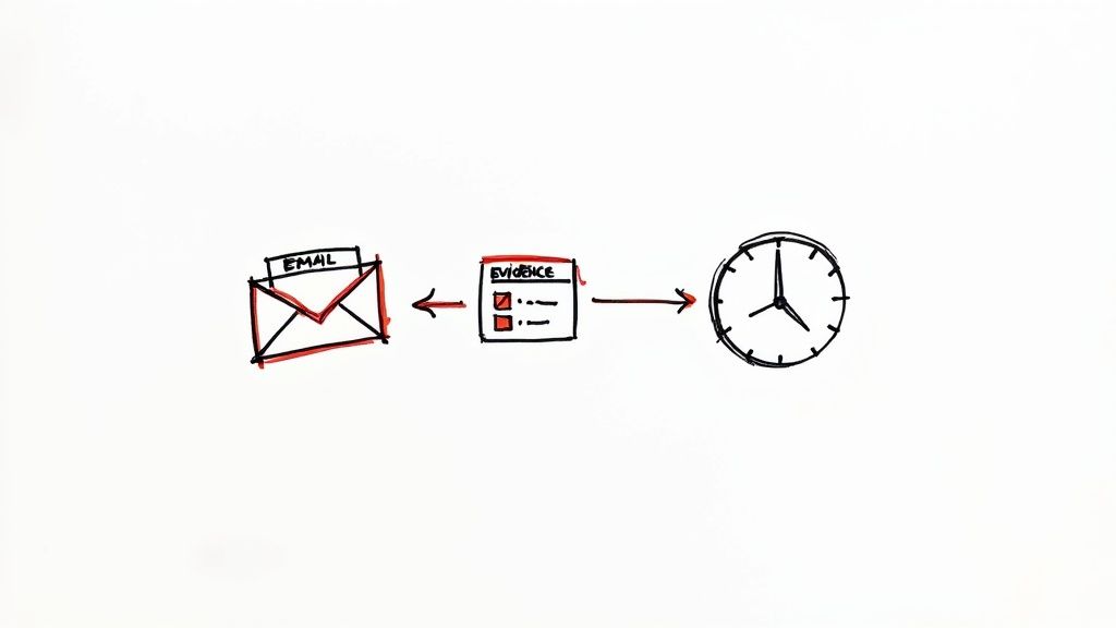 Diagram showing an email envelope, an evidence document, and a clock connected by arrows, representing a time-sensitive process.