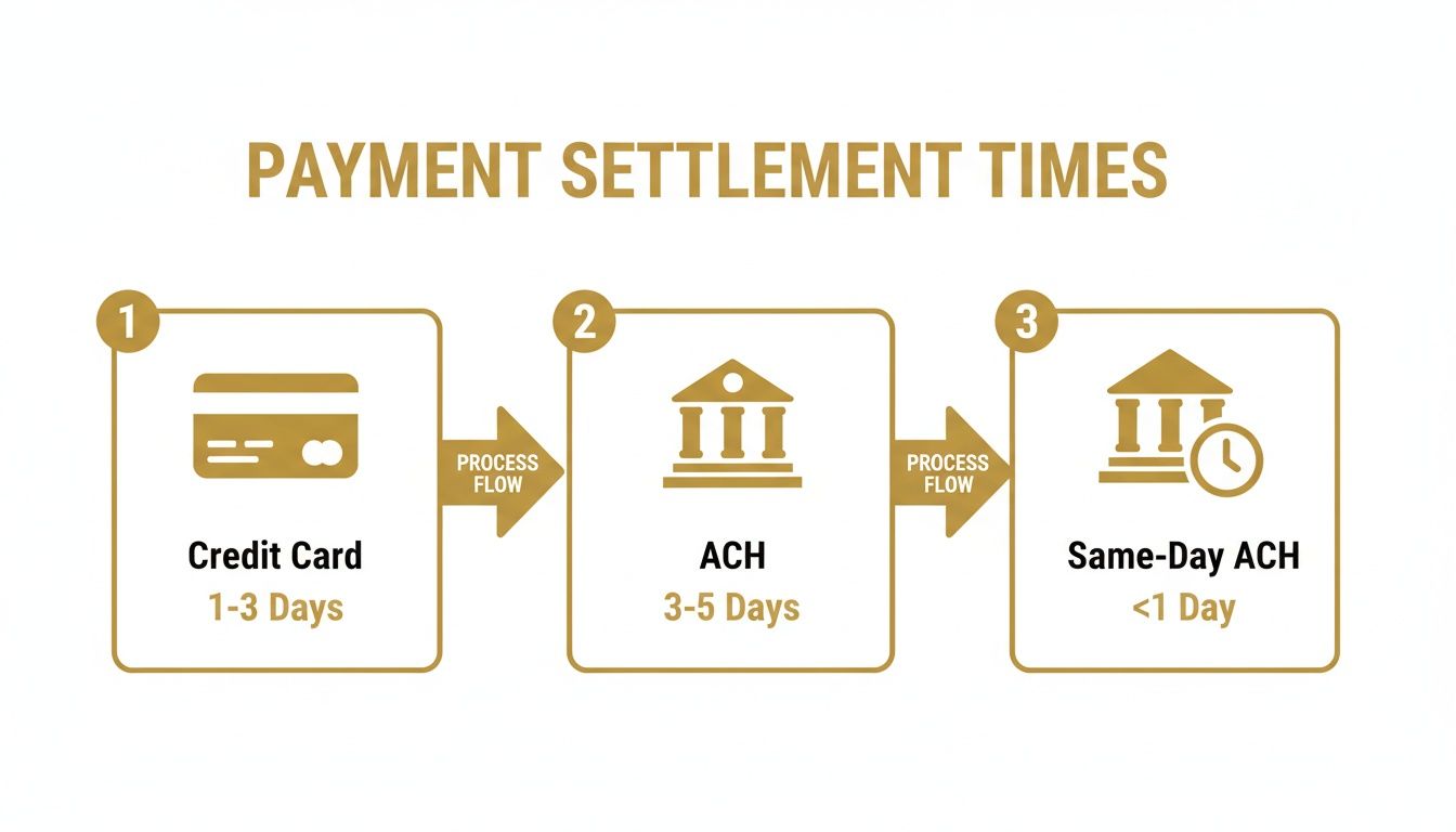 Infographic comparing payment settlement times for credit cards, ACH, and same-day ACH.