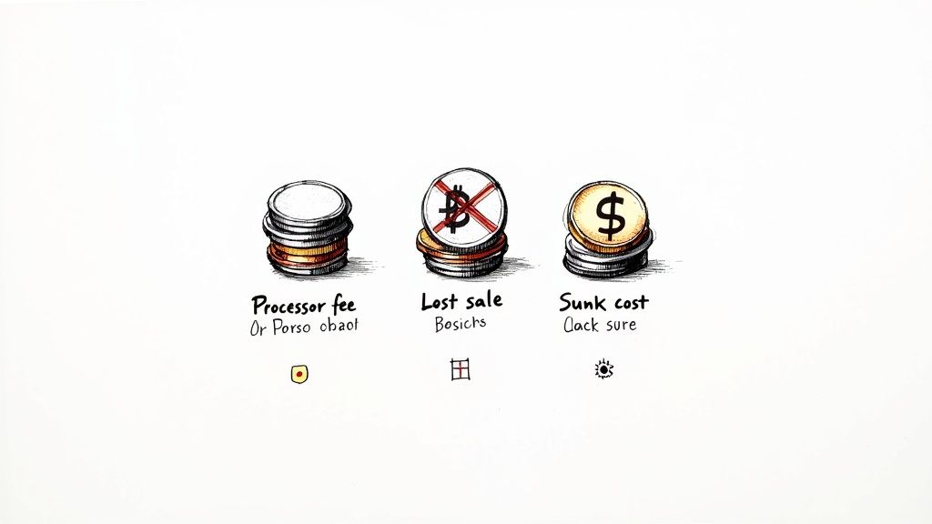 Illustration of three coin stacks representing processor fees, lost sales, and sunk costs.