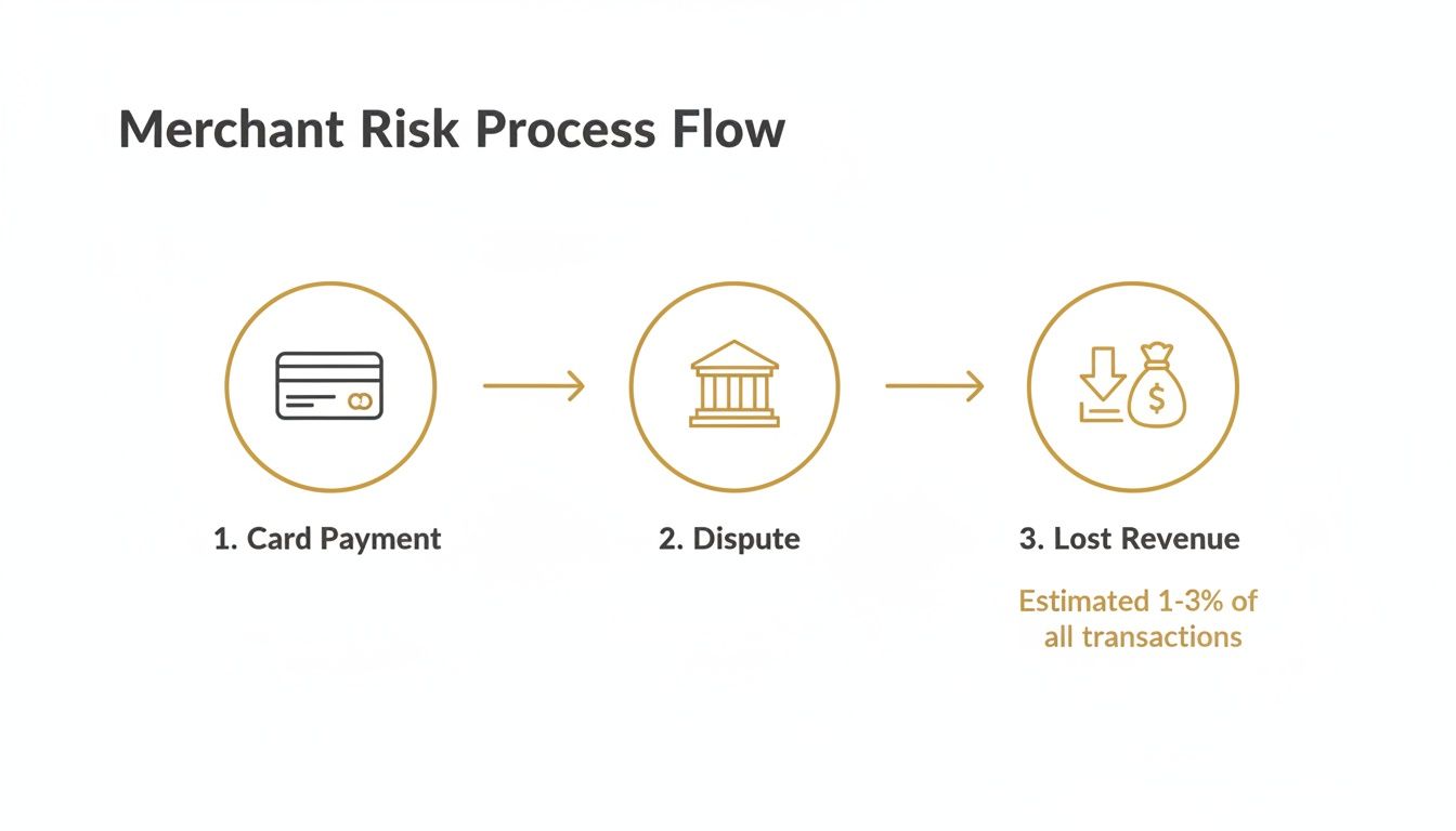 Flowchart showing the merchant risk process: Card Payment -> Dispute -> Lost Revenue with estimate.