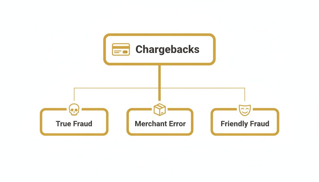 Flowchart showing chargebacks broken down into three categories: True Fraud, Merchant Error, and Friendly Fraud.