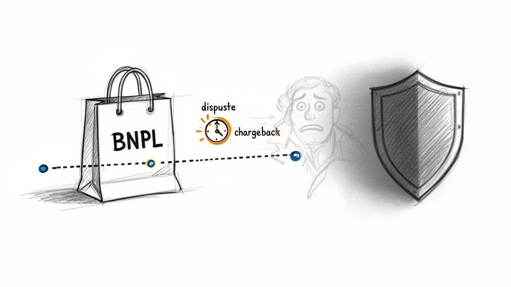 Illustration showing Buy Now Pay Later (BNPL) leading to disputes, chargebacks, a worried person, and a protective shield.