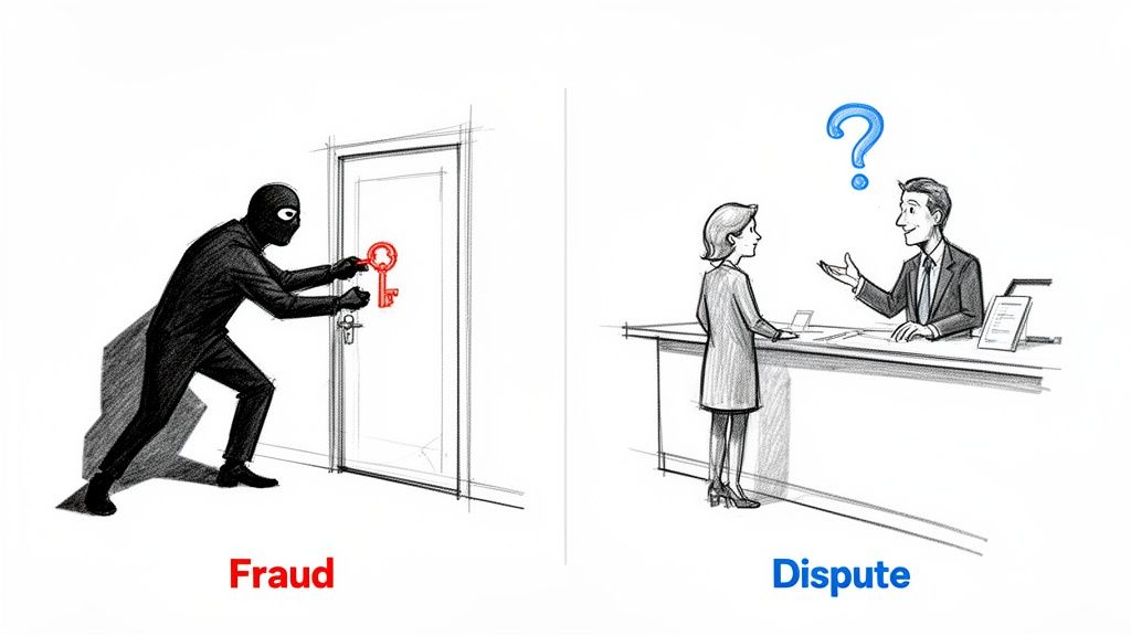 Illustration contrasting fraud with a masked person using a key and a dispute between two people.