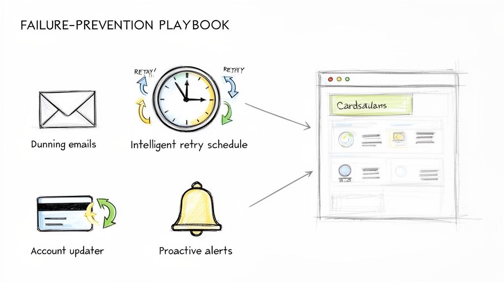 A diagram illustrating a failure-prevention playbook with dunning emails, intelligent retry, account updater, and proactive alerts for a web interface.