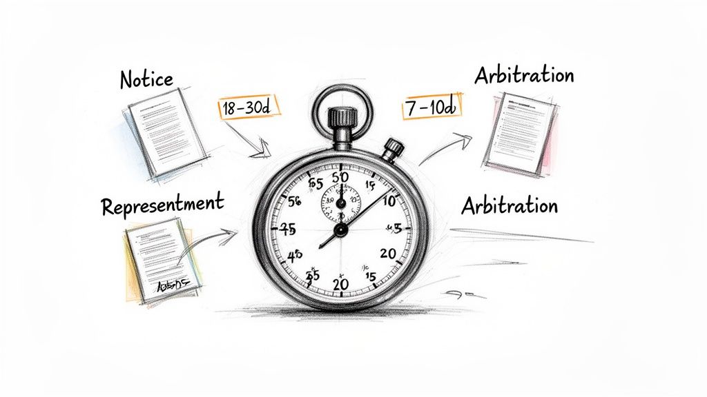 A stopwatch displays a legal process timeline including notice, representment, and arbitration stages with specific days.