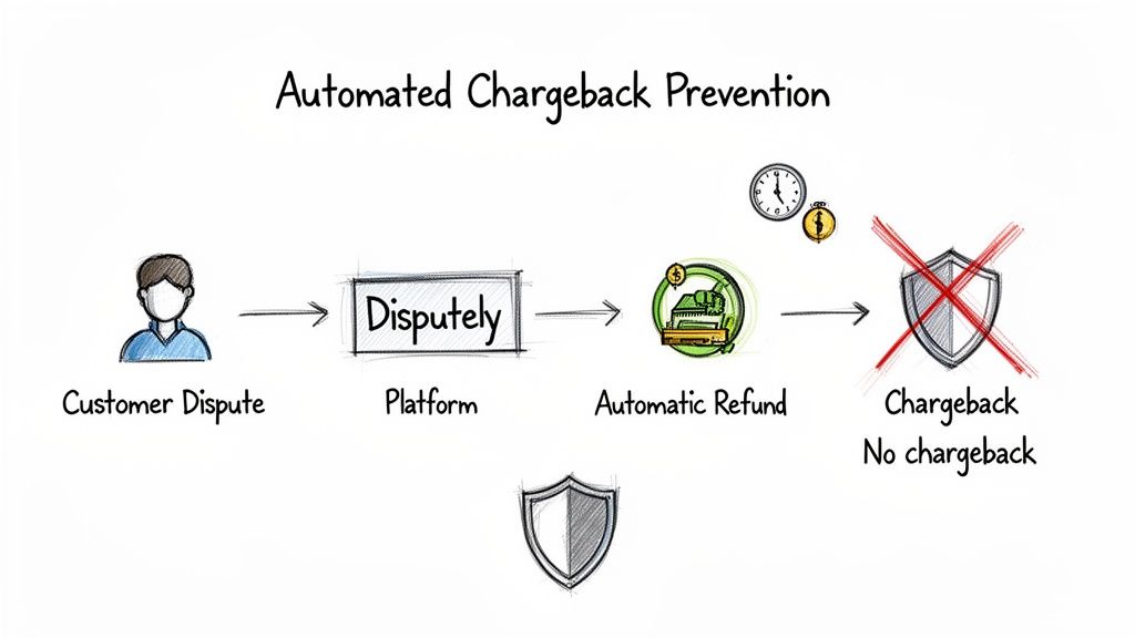 An automated chargeback prevention diagram illustrating a customer dispute processed by Disputely platform for automatic refund.