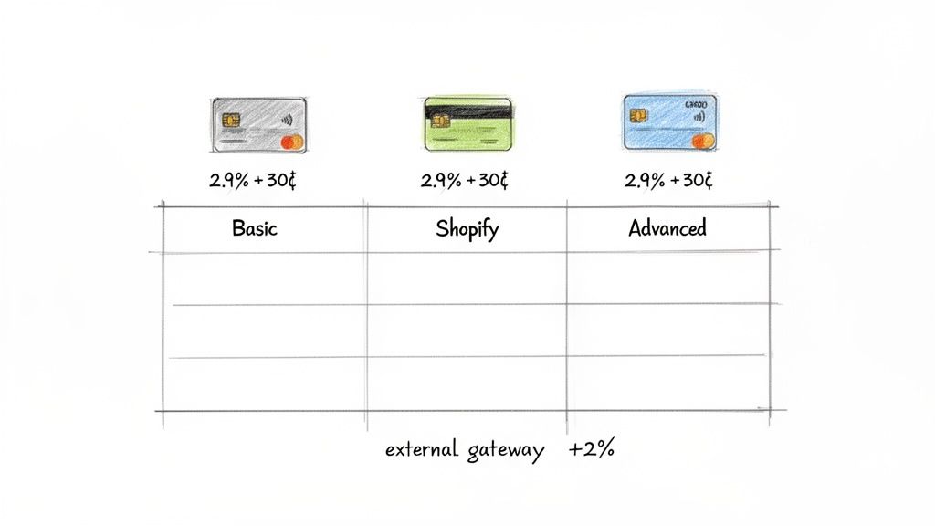 A hand-drawn table outlining payment processing fees for Basic, Shopify, and Advanced plans.